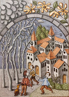 DESSIN ART NAÏF ENCRES ET CRAYONS DE COULEUR SUR PAPIER AQUARELLE CHRISTINE FRAGA FRENOT