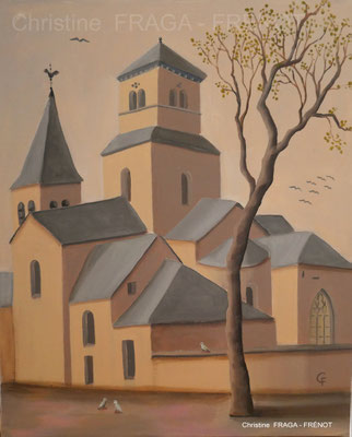 169 EGLISE SAINT VORLES CHATILLON SUR SEINE EN COTE D'OR 46x38cm CHRISTINE FRAGA FRENOT ART NAIF tableau peinture à l'huile sur toile 