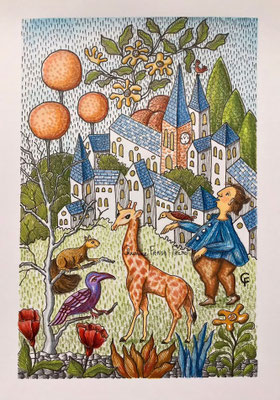 DESSIN ART NAÏF ENCRES ET CRAYONS DE COULEUR SUR PAPIER AQUARELLE CHRISTINE FRAGA FRENOT