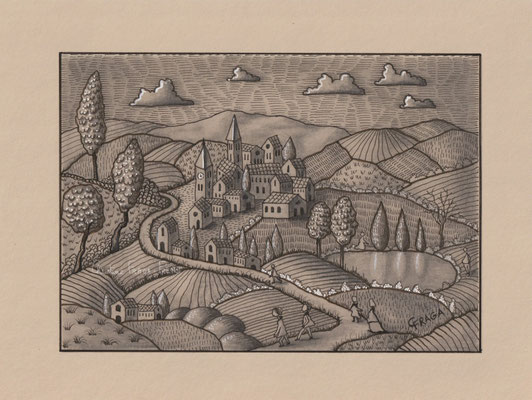 A5- 2026 PAYSAGE MONTS DU LYONNAIS papier CANSON naturel 250Gr CHRISTINE FRAGA FRENOT ART NAIF 