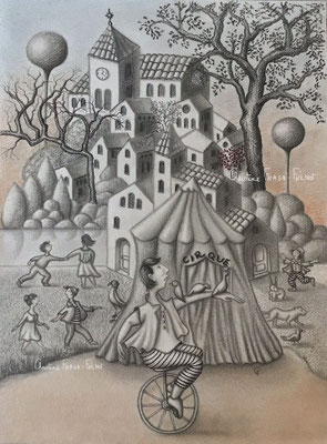 DESSIN ART NAÏF ENCRES ET CRAYONS DE COULEUR SUR PAPIER AQUARELLE CHRISTINE FRAGA FRENOT