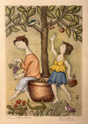 39 ADAM ET EVE 3 dessin original format A4 - crayons de couleur Luminance de Caran d'Ache CHRISTINE FRAGA FRENOT ART NAIF