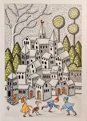DESSIN ART NAÏF ENCRES ET CRAYONS DE COULEUR SUR PAPIER AQUARELLE CHRISTINE FRAGA FRENOT