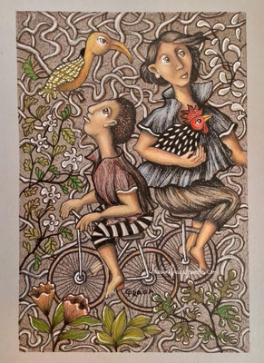 dessin original format A5 sur papier A4 - crayons de couleur Luminance de Caran d'Ache CHRISTINE FRAGA FRENOT ART NAIF