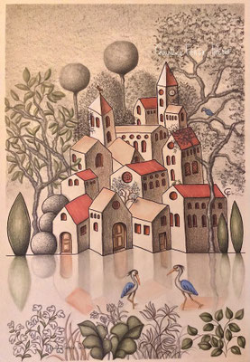 dessin sur papier aquarelle CHRISTINE FRAGA FRENOT ART NAIF feutres Micron encre de Chine et crayons de couleur Caran d'Ache Luminance