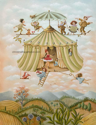 LE CIRQUE VOLANT HUILE SUR TOILE DE LIN CHRISTINE FRAGA FRENOT ART NAIF