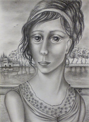 4- FEMME VUE DES QUAIS dessin sur papier aquarelle CHRISTINE FRAGA FRENOT ART NAIF crayons graphite