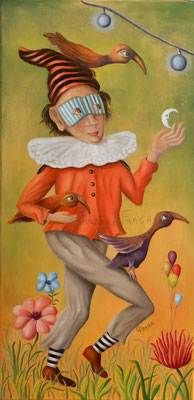 225 - HOMME OISEAUX triptyque LE CIRQUE , huile sur toile CHRISTINE FRAGA FRENOT ART NAIF