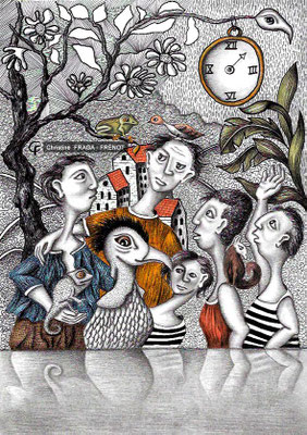 DESSIN ART NAÏF ENCRES ET CRAYONS DE COULEUR SUR PAPIER AQUARELLE CHRISTINE FRAGA FRENOT