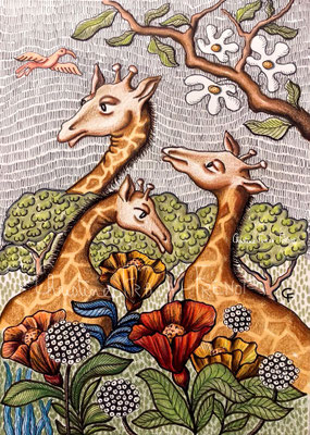 DESSIN ART NAÏF ENCRES ET CRAYONS DE COULEUR SUR PAPIER AQUARELLE CHRISTINE FRAGA FRENOT