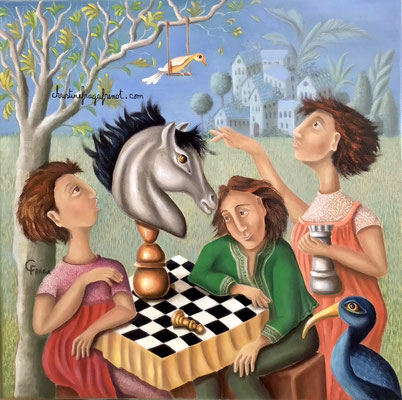 201- L'ECHIQUIER 40x40CM CHRISTINE FRAGA FRENOT ART NAIF tableau peinture à l'huile sur toile tableau peinture à l'huile sur toile 