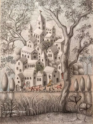 DESSIN ART NAÏF ENCRES ET CRAYONS DE COULEUR SUR PAPIER AQUARELLE CHRISTINE FRAGA FRENOT
