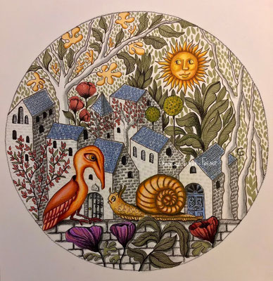 DESSIN ART NAÏF ENCRES ET CRAYONS DE COULEUR SUR PAPIER AQUARELLE CHRISTINE FRAGA FRENOT