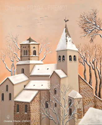 169 EGLISE SAINT VORLES SOUS LA NEIGE CHATILLON SUR SEINE EN COTE D'OR 46x38cm CHRISTINE FRAGA FRENOT ART NAIF tableau peinture à l'huile sur toile