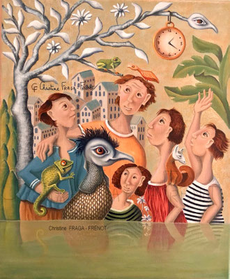 199 - LE TEMPS 46x38cm CHRISTINE FRAGA FRENOT ART NAIF tableau peinture à l'huile sur toile 