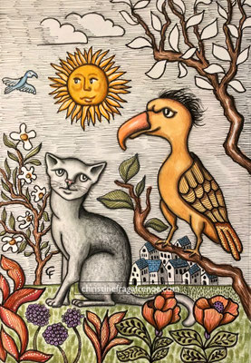 DESSIN ART NAÏF ENCRES ET CRAYONS DE COULEUR SUR PAPIER AQUARELLE CHRISTINE FRAGA FRENOT