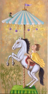 226 - CARROUSEL CHEVAL , huile sur toile CHRISTINE FRAGA FRENOT ART NAIF