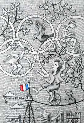 DESSIN ART NAÏF ENCRES ET CRAYONS DE COULEUR SUR PAPIER AQUARELLE CHRISTINE FRAGA FRENOT