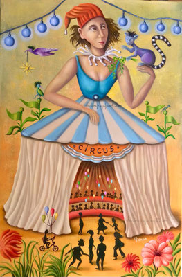 225 -CHAPITEAU triptyque LE CIRQUE , huile sur toile CHRISTINE FRAGA FRENOT ART NAIF