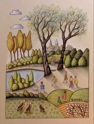 dessin original format A5 sur papier A4 - crayons de couleur Luminance de Caran d'Ache CHRISTINE FRAGA FRENOT ART NAIF