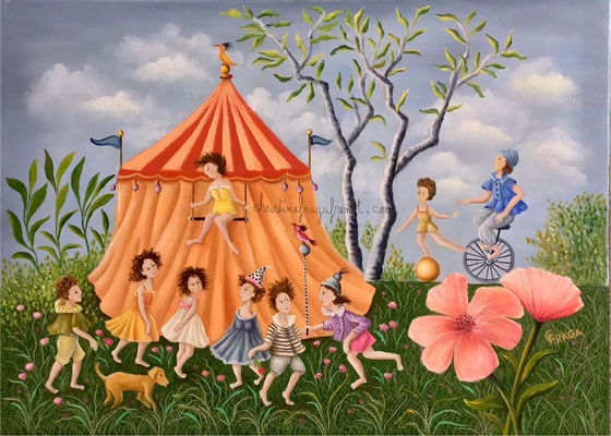 230 - 8P CIRQUE EN FÊTE , huile sur toile CHRISTINE FRAGA FRENOT ART NAIF