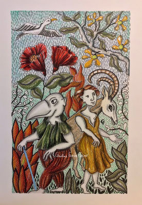 DESSIN ART NAÏF ENCRES ET CRAYONS DE COULEUR SUR PAPIER AQUARELLE CHRISTINE FRAGA FRENOT