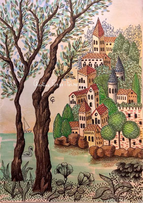 DESSIN ART NAÏF ENCRES ET CRAYONS DE COULEUR SUR PAPIER AQUARELLE CHRISTINE FRAGA FRENOT