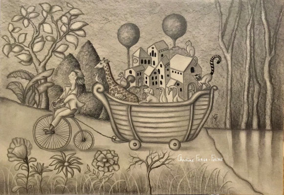 DESSIN ART NAÏF ENCRES ET CRAYONS DE COULEUR SUR PAPIER AQUARELLE CHRISTINE FRAGA FRENOT
