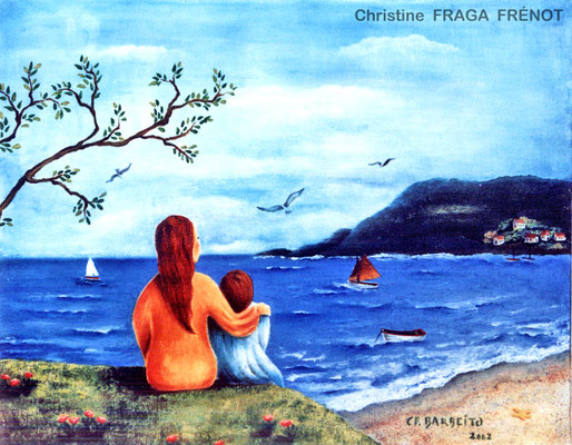 50- LA MERE ET L'ENFANT 33X41CM CHRISTINE FRAGA FRENOT ART NAIF tableau peinture à l'huile sur toile 