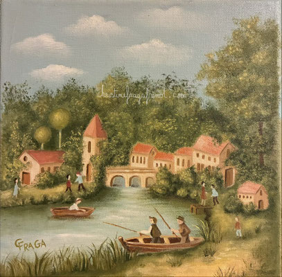 PEINTURE À L'HUILE PAYSAGE PECHEURS CHRISTINE FRAGA FRENOT ART NAIF