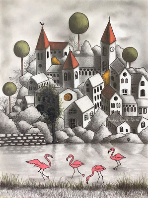 21- FLAMANTS ROSES, A4, dessin sur papier aquarelle