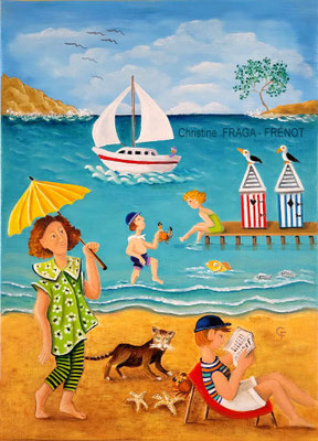 178 4F LA PLAGE 4F huile/toile CHRISTINE FRAGA FRENOT ART NAIF