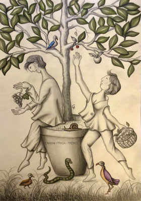 DESSIN ART NAÏF ENCRES ET CRAYONS DE COULEUR SUR PAPIER AQUARELLE CHRISTINE FRAGA FRENOT