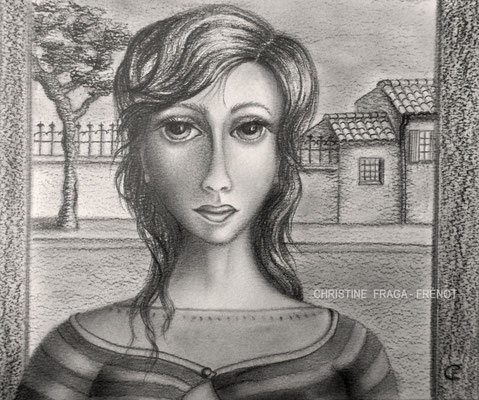 2- FEMME GILET RAYÉ dessin sur papier aquarelle CHRISTINE FRAGA FRENOT ART NAIF crayons graphite