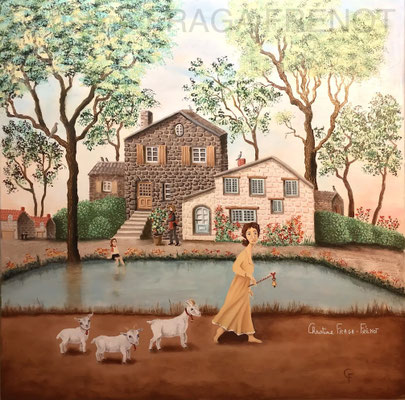 116- LA GARDEUSE DE CHEVRES 50x50cm CHRISTINE FRAGA FRENOT ART NAIF