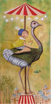 indisponible 227 - CARROUSEL AUTRUCHE, , huile sur toile CHRISTINE FRAGA FRENOT ART NAIF