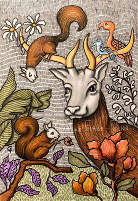 DESSIN ART NAÏF ENCRES ET CRAYONS DE COULEUR SUR PAPIER AQUARELLE CHRISTINE FRAGA FRENOT
