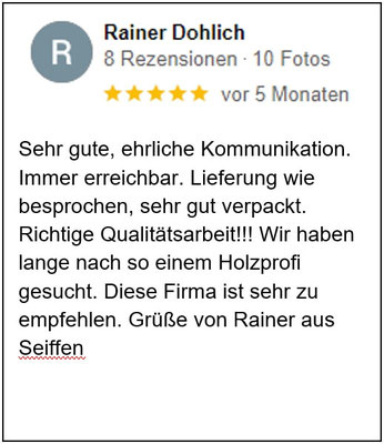 Rainer Dohlich Rezession 5 Sterne Lieferung wie besprochen. Diese Firma ist sehr zu empfehlen 