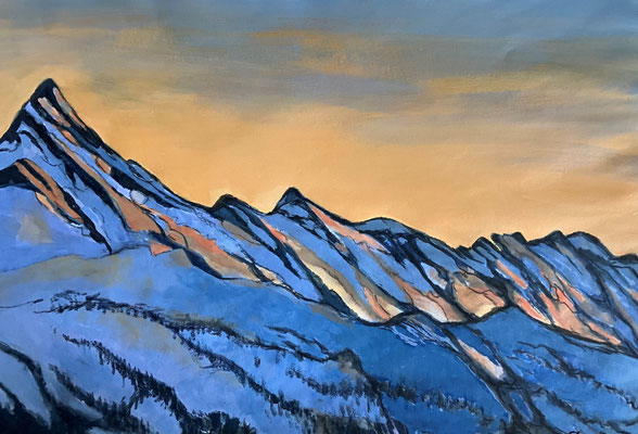 Oranges Licht trifft auf Schneeberge / Acryl auf Papier