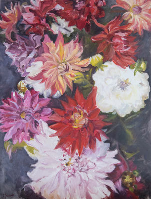 Dahlias rouges II, huile sur toile 2022, 116 x 89 cm