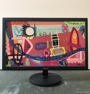 Stadtbach Bümpliz | 2019 | Monitor | 27 × 47,8 cm | Acryl, Ölfarbe, Ölkreide | © BuzziArt 2019