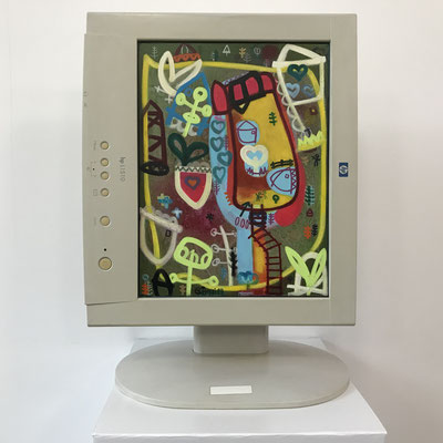 Grüne Zone | 2019 | Monitor, acrylic paint, oil paint, oil pastel | 30,7 × 23 cm
