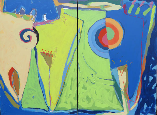 "DEJEUNER SUR L'HERBE" DIPTYQUE SUR TOILE 130X200 1997 Philmari ROJOUAN Artiste peintre Nantes