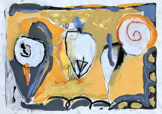 "LES THEATRES DE SABLE" MIXTE SUR PAPIER 50X70 2004 Philmari ROJOUAN Artiste peintre Nantes