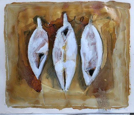 "3 FIGURES" MIXTE SUR PAPIER 50X70 1995 Philmari ROJOUAN Artiste peintre Nantes