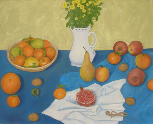 Granatapfel und Bronzefrau, 57 x 72,  2014,  Acryl und Öl auf Molino     