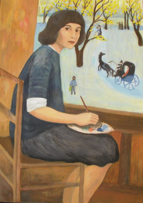 Gerhild Diesner in ihrem Atelier, 2015,70 x 50 cm, Acryl auf Molino, verkauft