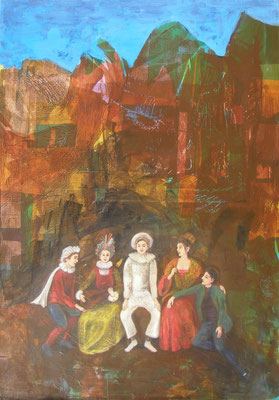 Der zufriedene Pierrot (nach Watteau), 2014  120 x 85 cm, Seidenpapier und Acryl auf Molino    