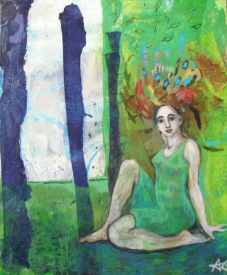 Mädchen im Wald, 2011  110 x 90 cm, Seidenpapier u. Acryl auf Molino    