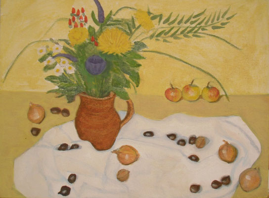 Blumen, Zwiebel und Kastanien, 40 x 30, Acryl und Öl auf Mollino 